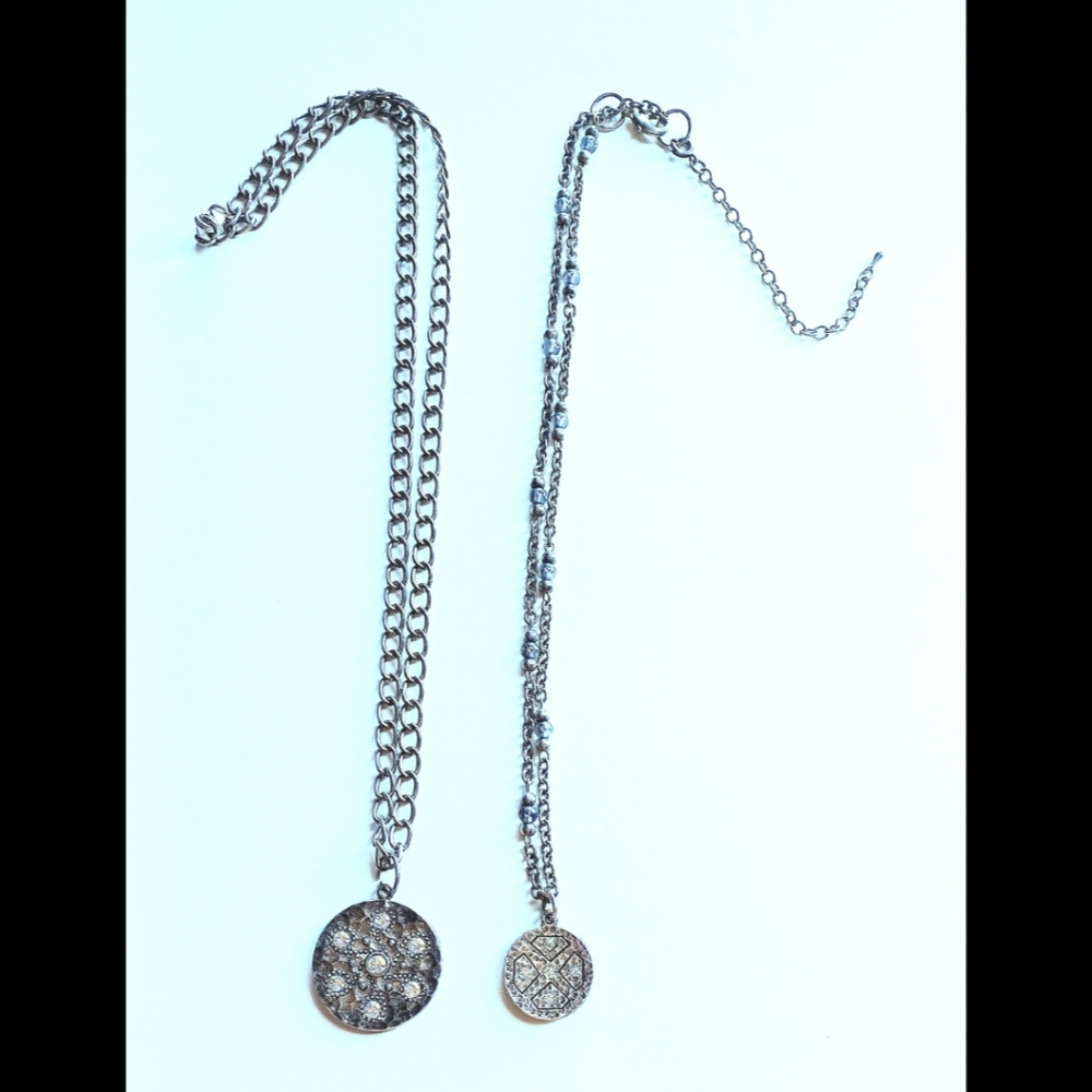 Premier Designs Necklace Lot Silver Tone Etched Round Pendant with Rhinestones